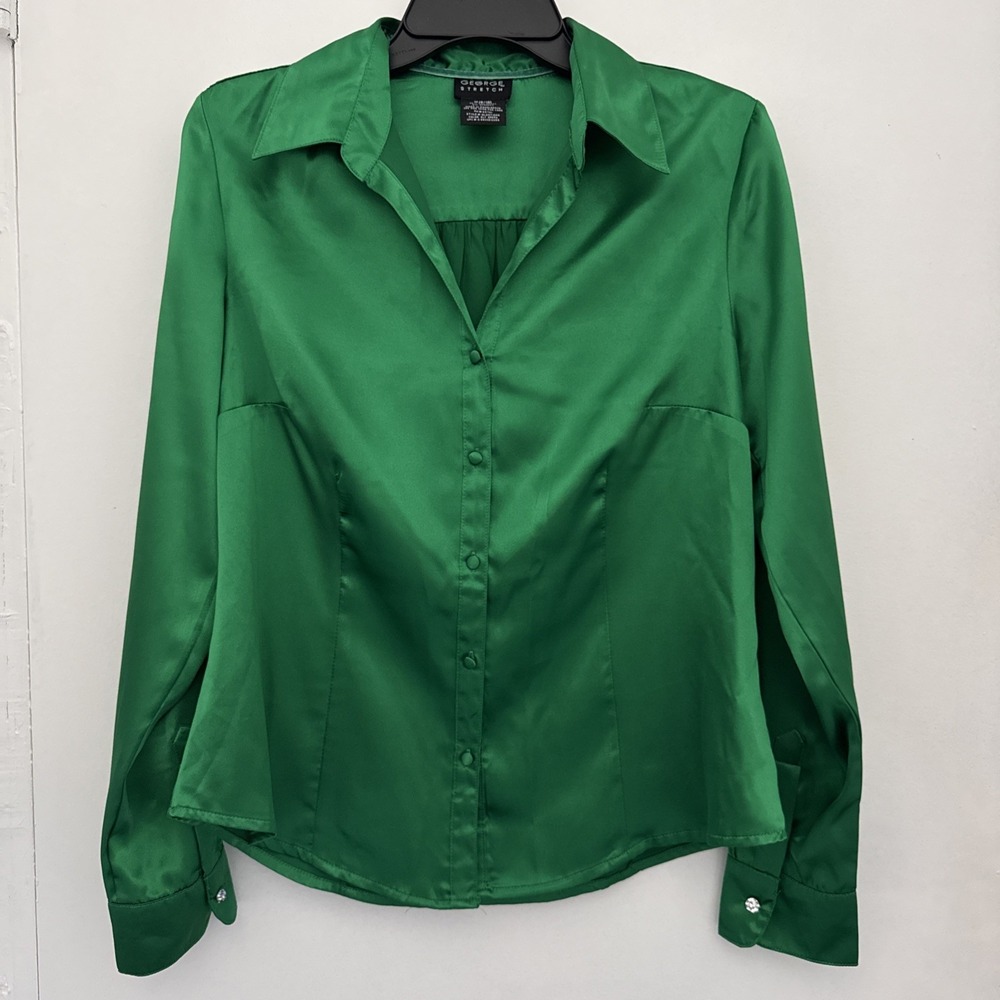 GEORGE Womens M Emerald Green Satin Blouse Button-Up Long Sleeve Silky Retro Y2K